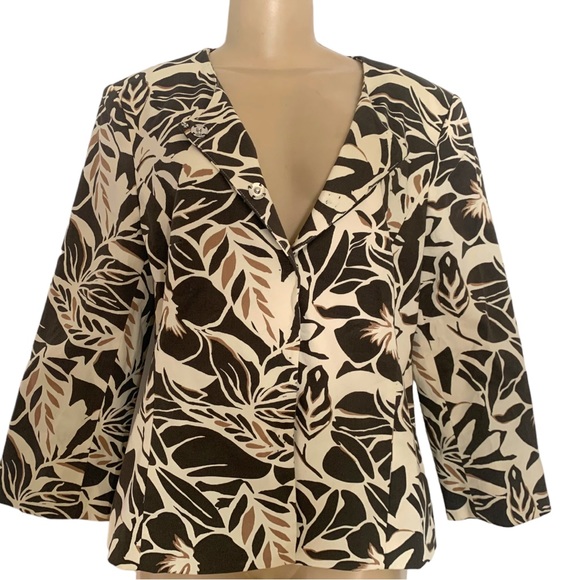 Trisisto Femme Floral Leaf Brown & White Safari Fitted Suit Jacket Blazer Padded - Picture 8 of 14